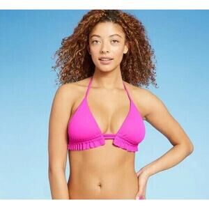 Shade & Shore Women's Ruffle Triangle Bikini Top Magenta Pink Size S (4-6)